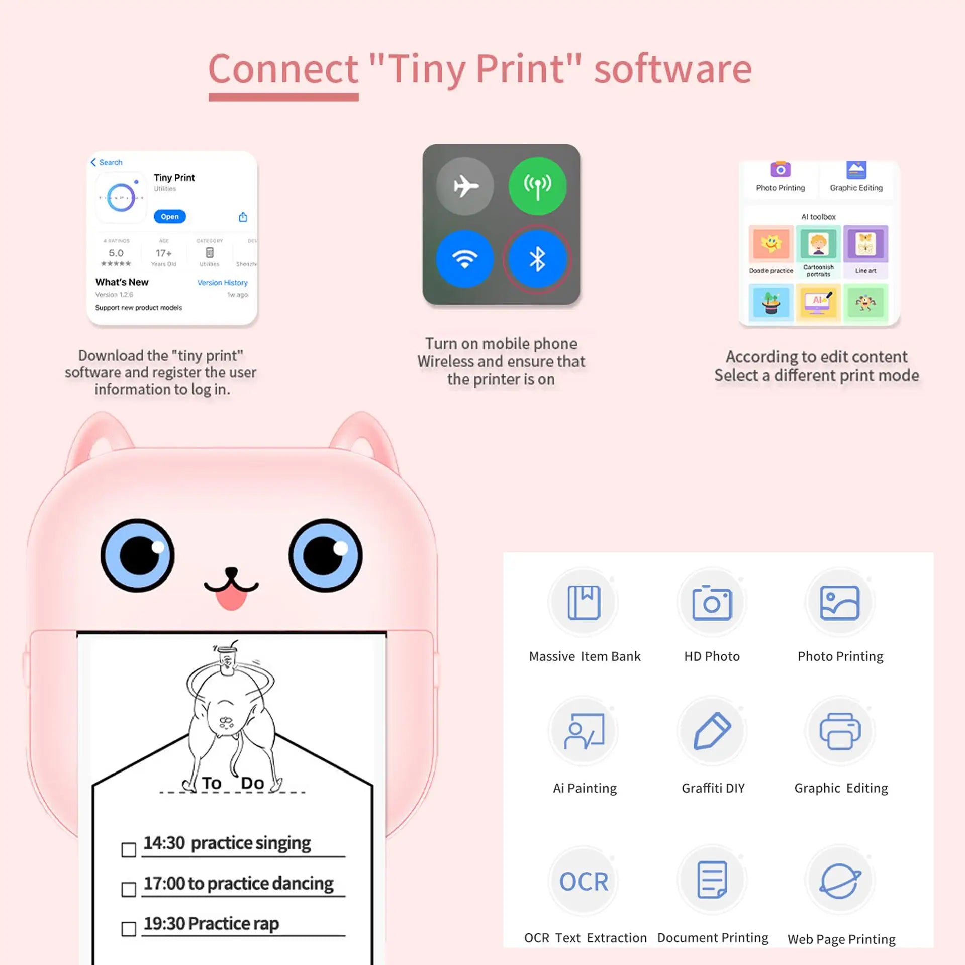 Portable Mini Thermal Photo Printer Cordless Label Printer Rechargeable Design Compact for Text Photos and Symbols for Printing
