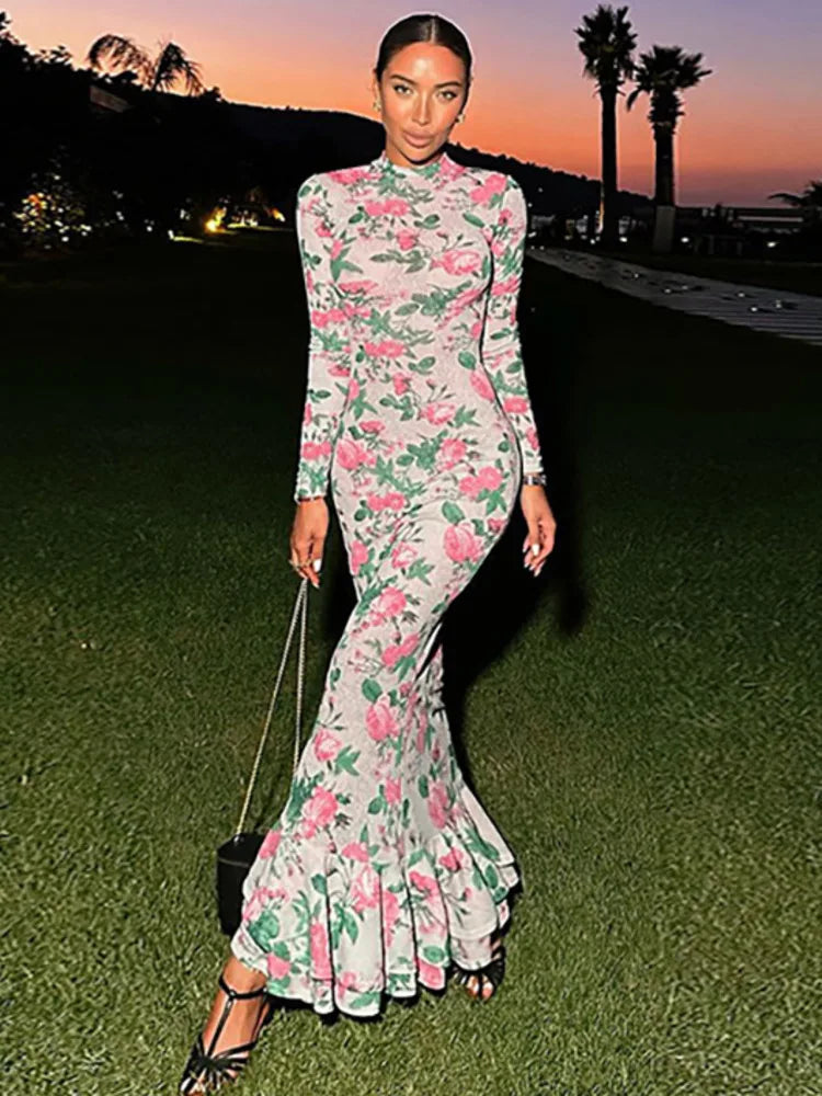 Mozision Bodycon Long Sleeve Half High Collar Print Zipper Elegant Maxi Dress Women Slim High Waist Sexy Dress Ladies Outfits