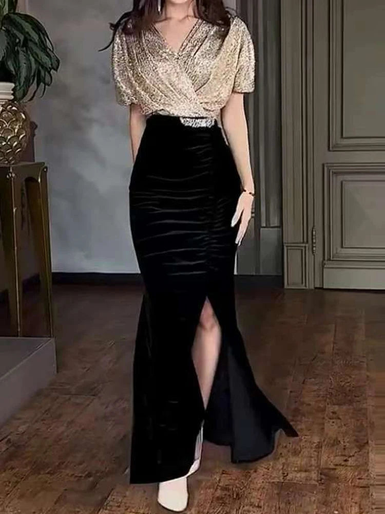 Sexy Elegant Sequin Velvet Slimming Party Dresses Women V Neck Sparkling Ball Gathering Club Split Long Dress Women Clothing