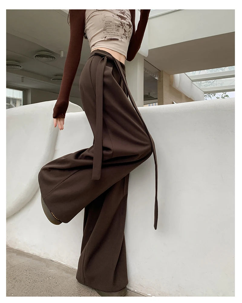 MEXZT Woolen Wide Leg Pants Women Fashion Lace Up Black Baggy Suit Pants Winter Streetwear Korean Casual Straight Trousers New