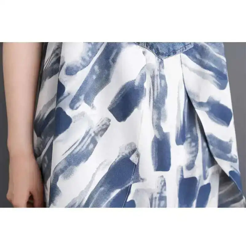 [EWQ] Sweet Women's Denim Dress Patchwork Contrasting Print Design Big Zise Casual Clothing Beautiful Sing Dresses 16O1075