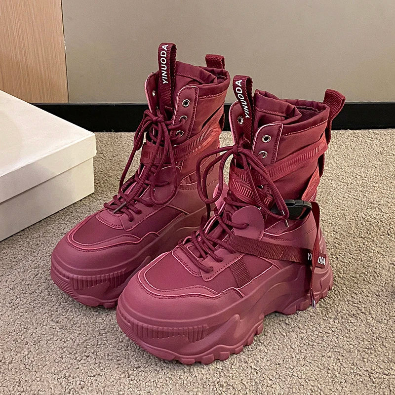 Women Ankle Boots Autumn Leather Chunky Shoes Woman High Platform Breathable Sneakers 8CM Thick Sole Wedges Motorcycles Boots