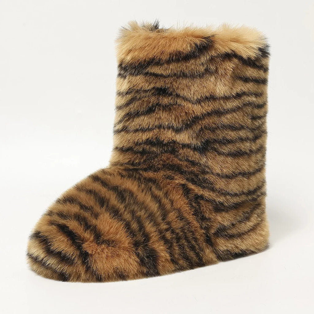 Womens Leopard Print Mid-Calf Fuzzy Faux Fur Boots - Soft, Warm, and Comfortable Slip-on Design with Flat Heel, Round Toe