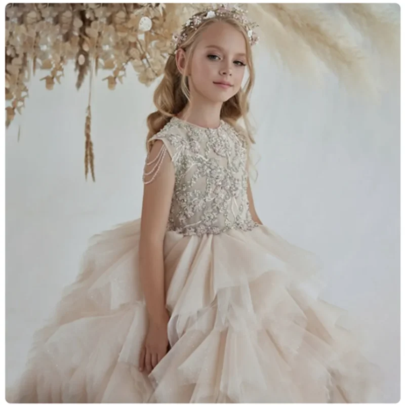 Flower Girl Dress Birthday Ball Gown Puffy For Wedding Tulle Appliques Beading Party Pageant First Communion Gown Gift