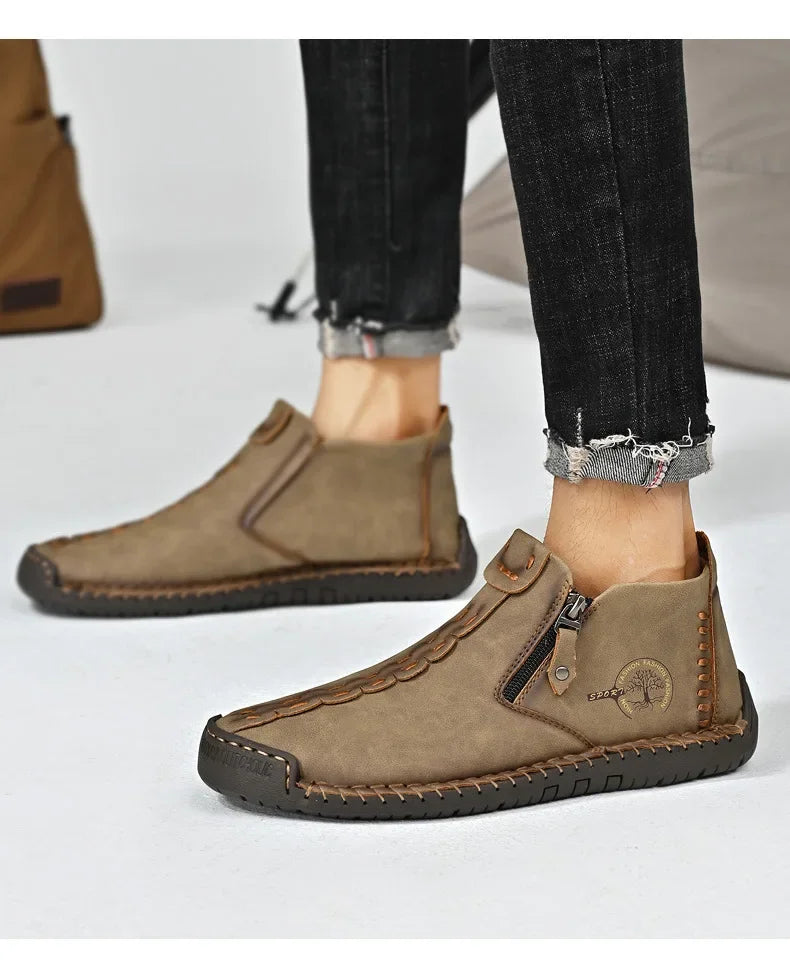Men Boots Handmade Casual Ankle Boats for Man Male Hombres Walking Shoe Breathable Hombres Leather Wide Upright Zipper Shoes