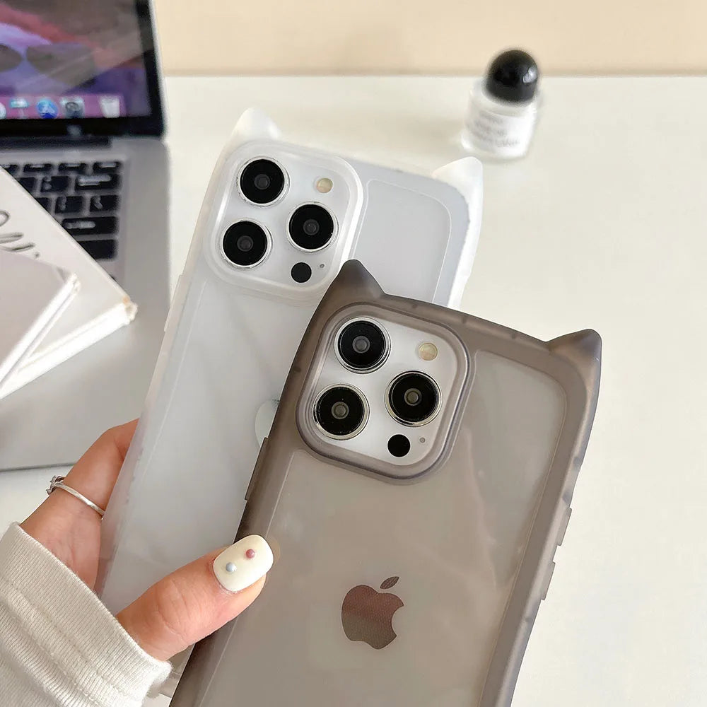 Korea Cute 3D Cat Ear Transparent Phone Case For iPhone 11 12 13 14 15 16 Pro Max Matte Silicone Shockproof Protective Cover