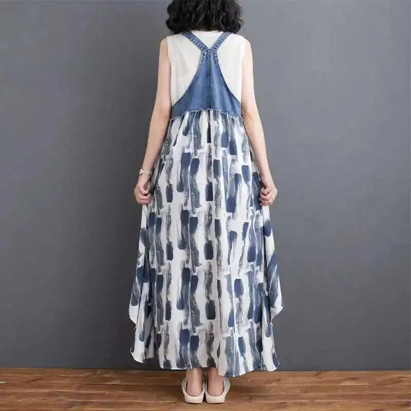 [EWQ] Sweet Women's Denim Dress Patchwork Contrasting Print Design Big Zise Casual Clothing Beautiful Sing Dresses 16O1075