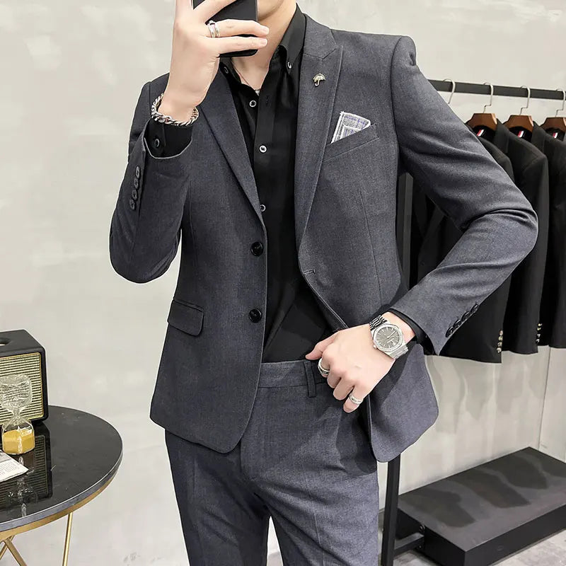 ( Blazer + Pants ) High End Brand Plaid Men's Casual Formal Office Business Suit Groom Wedding Dress Slim Suit Jacket Trousers