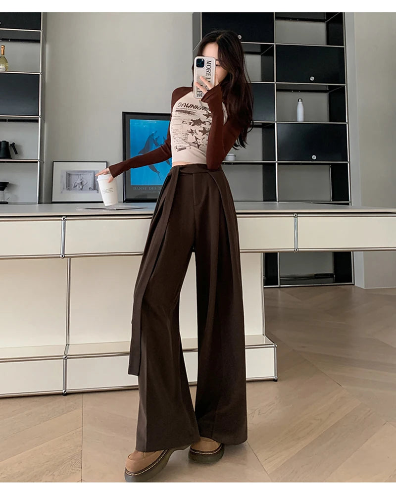 MEXZT Woolen Wide Leg Pants Women Fashion Lace Up Black Baggy Suit Pants Winter Streetwear Korean Casual Straight Trousers New
