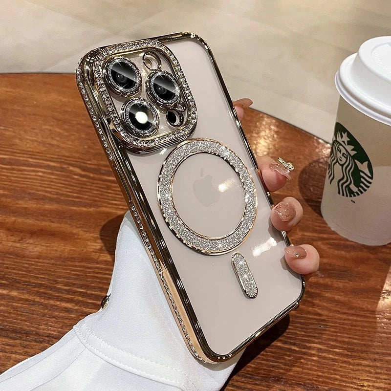 Luxury Glitter Diamond Clear Phone Case For iPhone 15 11 12 13 14 Pro Max Magsafe Magnetic iphone Case Wireless Charging Cover