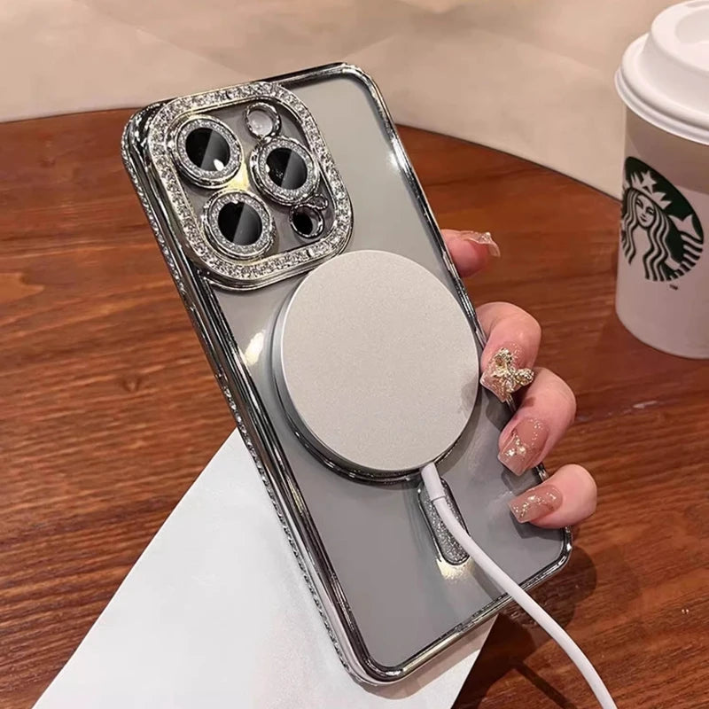 Luxury Glitter Diamond Clear Phone Case For iPhone 15 11 12 13 14 Pro Max Magsafe Magnetic iphone Case Wireless Charging Cover