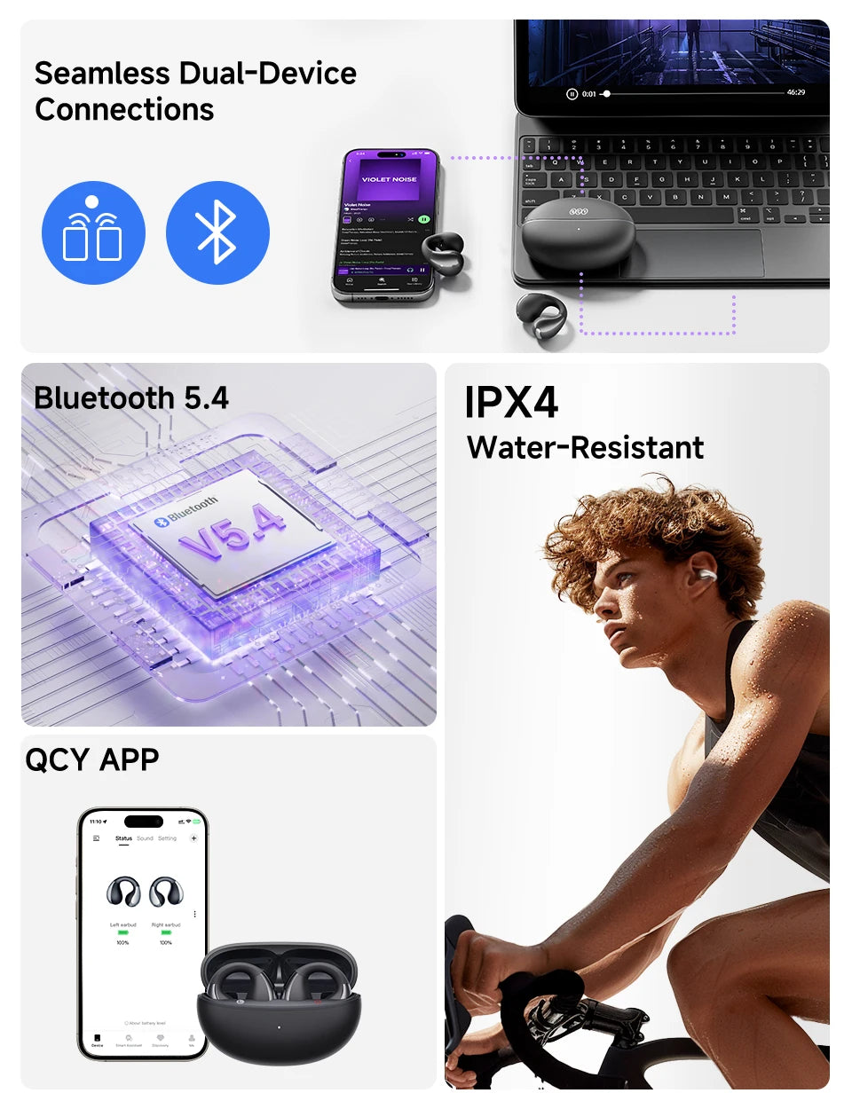 QCY Crossky C30 Ear Clip Earphones Bluetooth 5.4 Wireless Open Ear Sports TWS Earbuds Dual-Connection Headphones