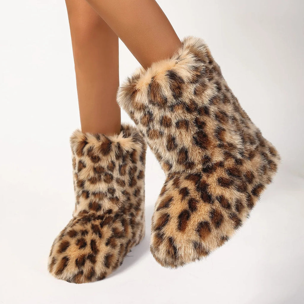 Womens Leopard Print Mid-Calf Fuzzy Faux Fur Boots - Soft, Warm, and Comfortable Slip-on Design with Flat Heel, Round Toe