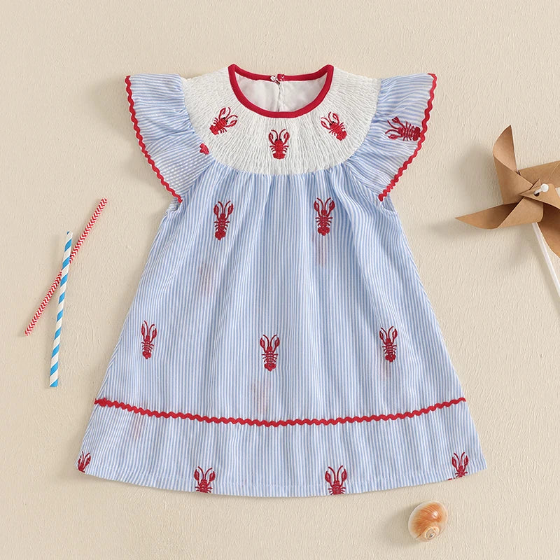1-5Y Toddler Baby Girl Crawfish Smocked Ruffle Short Sleeve Dress Lobster Plaid Princess Dresses Summer Outfits