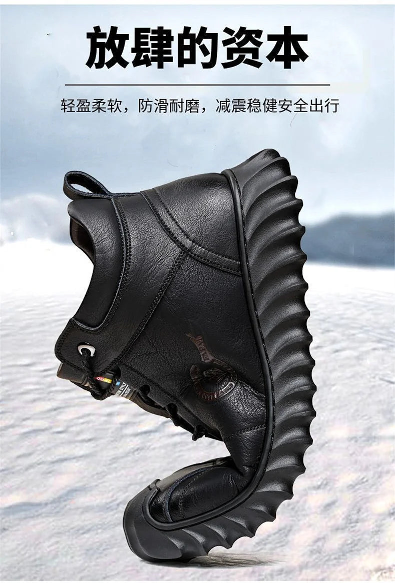 CINESSD New Warm Winter Velvet Men's Snow Boots Non-slip Men's Leather Boots Thick Bottom Dad Shoes