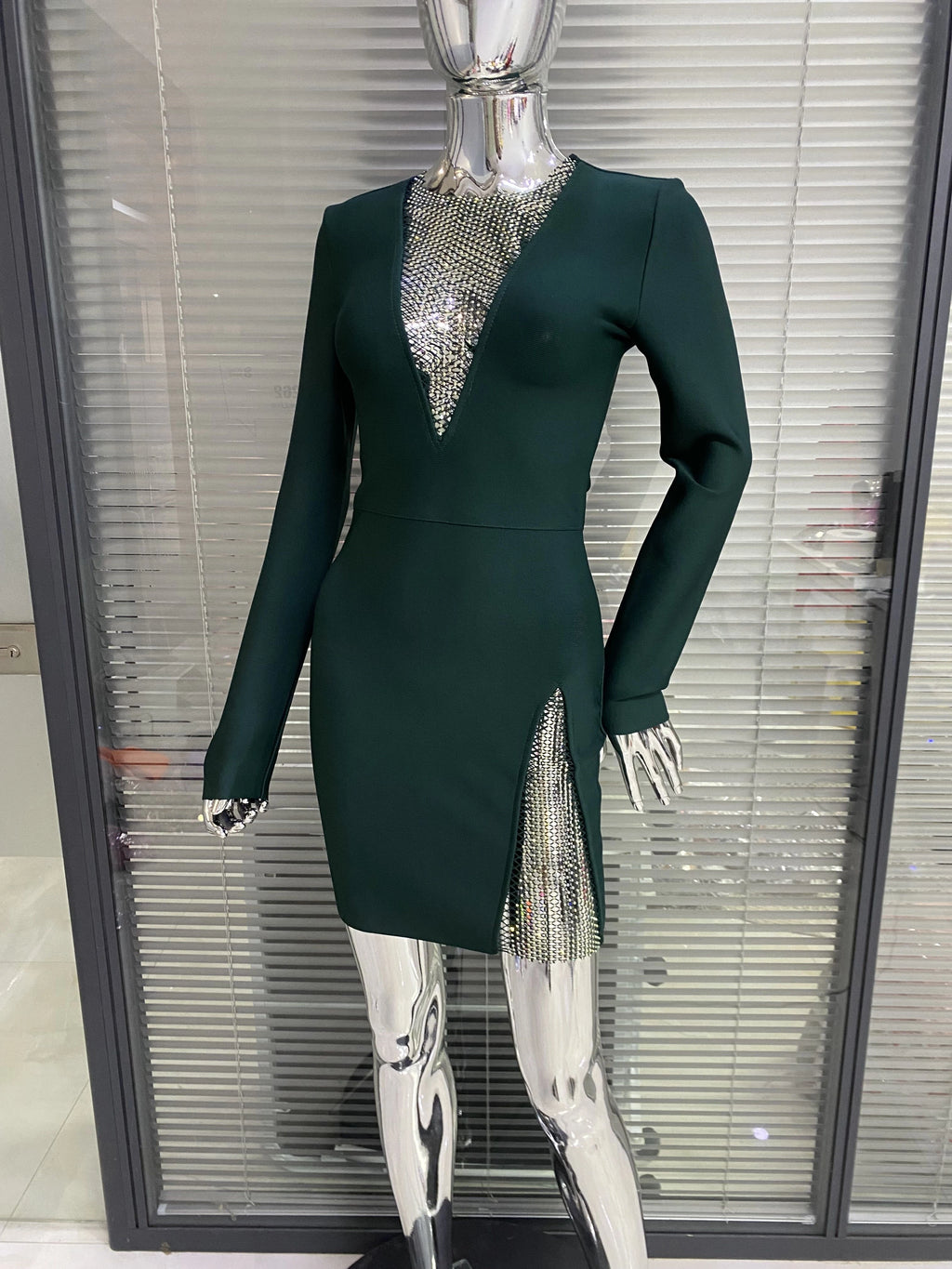 New Winter Women Black Beading Long Sleeve Rayon Bandage Sexy Hollow Out Mini Club Celebrity Runway Party Dress