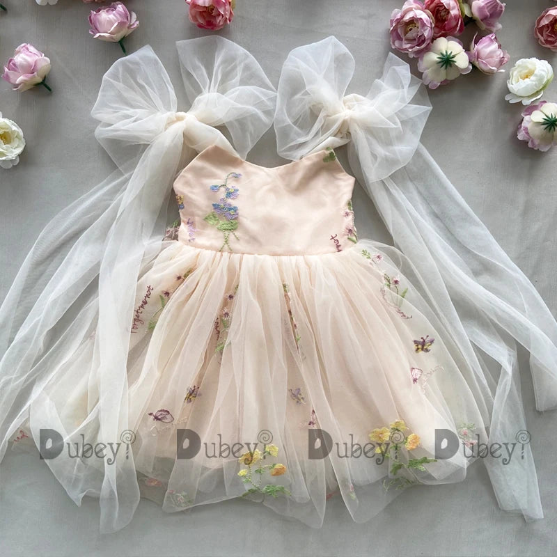 2026 Baby Embroidery Dress Girl Summer Dress Floral Bows Sleeveless Ballarina Dance Performance Dress Girls Tutus Clothes