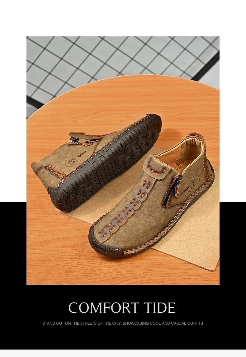 Men Boots Handmade Casual Ankle Boats for Man Male Hombres Walking Shoe Breathable Hombres Leather Wide Upright Zipper Shoes