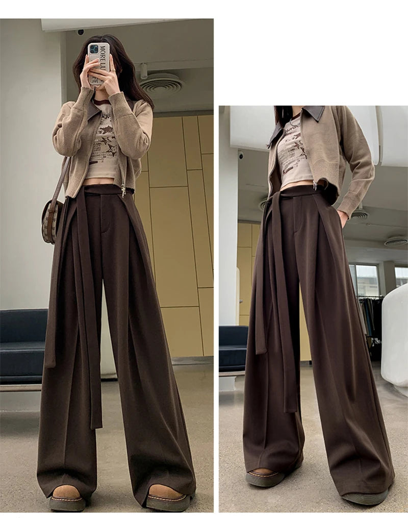 MEXZT Woolen Wide Leg Pants Women Fashion Lace Up Black Baggy Suit Pants Winter Streetwear Korean Casual Straight Trousers New