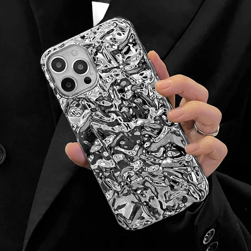 Plating Metal Color Silver Tin Foil Pleats Case For iPhone 14 13 12 11 15 16 17 Pro Max Air Mini XS XR Plus Silicone Phone Case