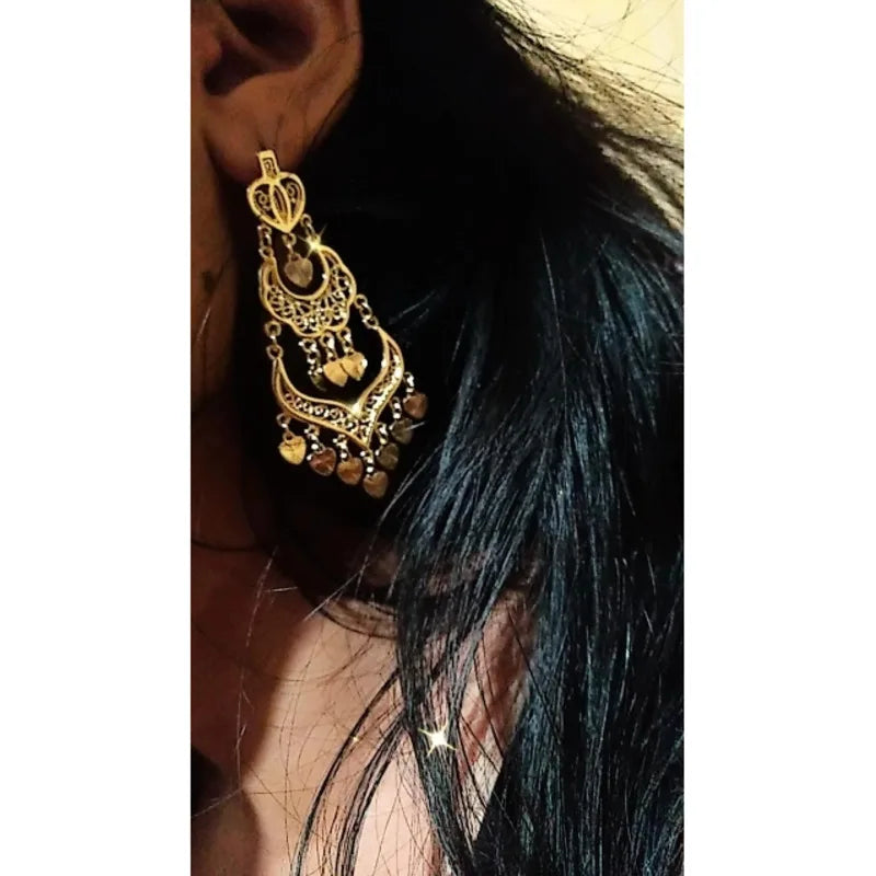 Goue Kleur Kandelaar Filigraan Hart Boheemse Groot Druppel Lang Oorbelle Vir Vroue Trou Juweliersware Aros Pendientes Colgantes