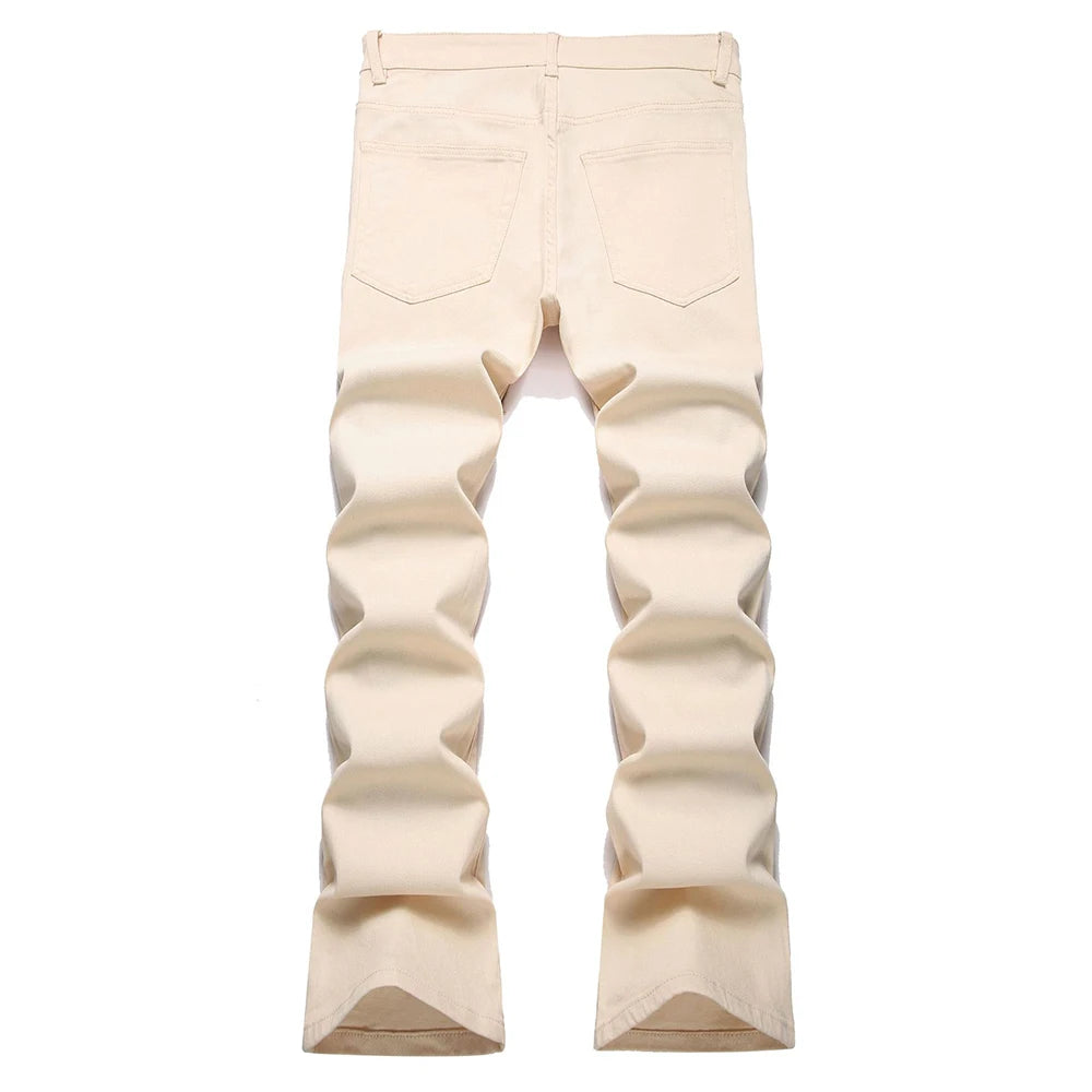 Men's Slim Boot Cut Denim Jeans Streetwear Embroidery Patches Pants Khaki Flared Trousers