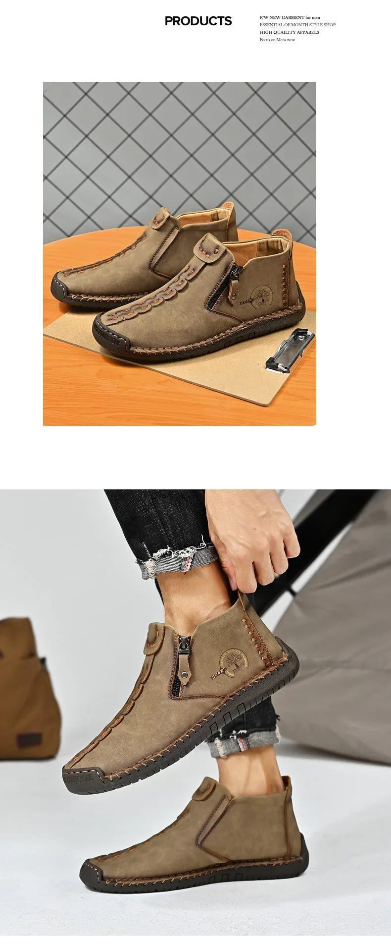 Men Boots Handmade Casual Ankle Boats for Man Male Hombres Walking Shoe Breathable Hombres Leather Wide Upright Zipper Shoes