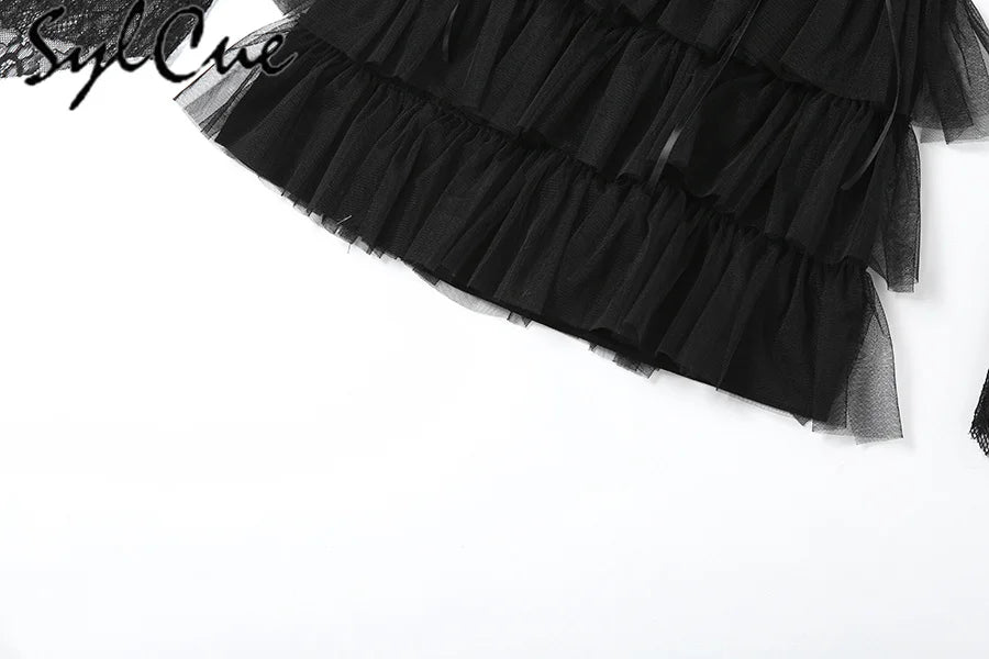 Nibber Black Retro Mysterious Lace Sexy Mature Beautiful Sweet Gentle Personality Women Drawstring Laminated Ruffled Tutu Dress