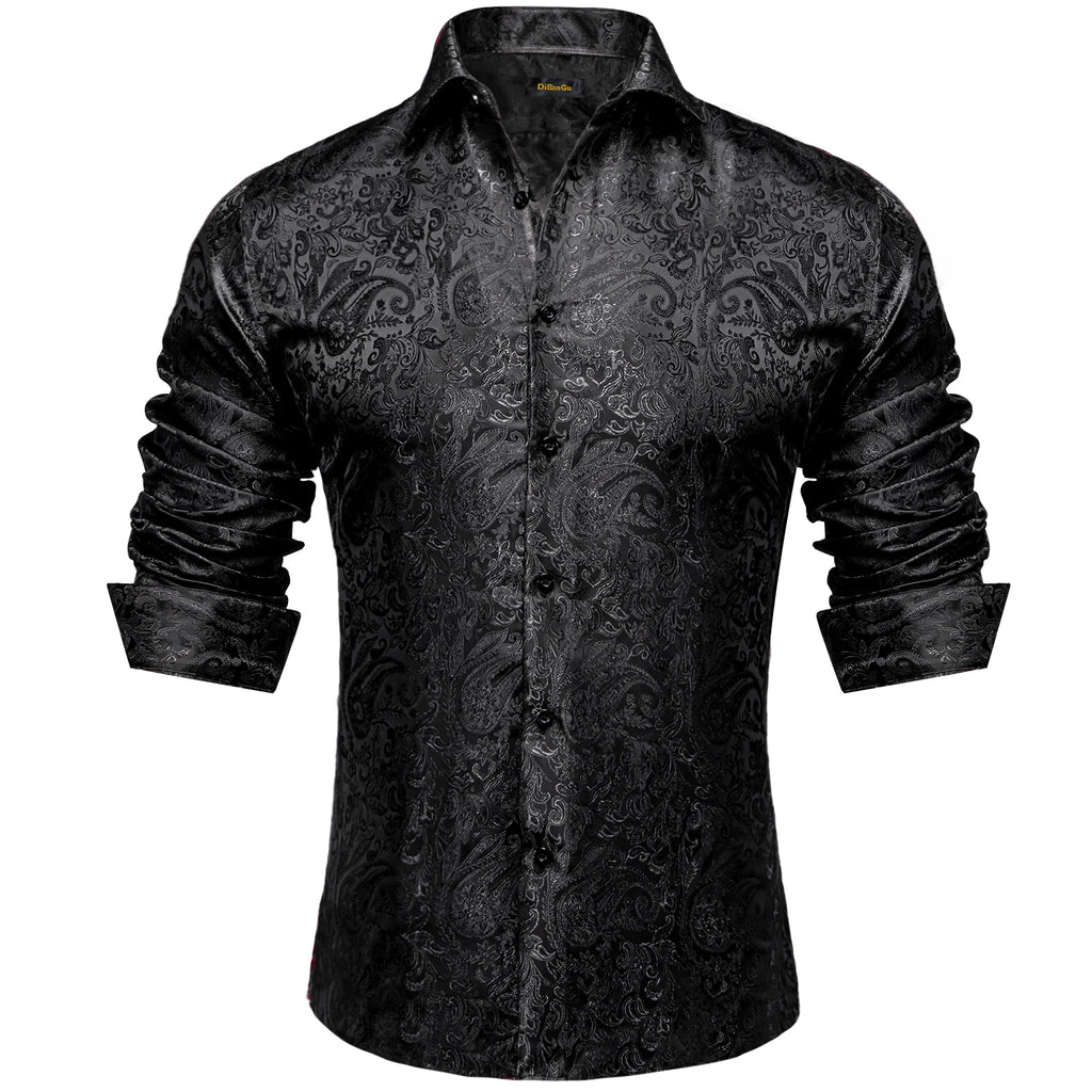 Polyester Dress Shirts for Men Black Solid Paisley Red Silver Long Sleeve Turn Down Collar Prom Social Men's Shirt