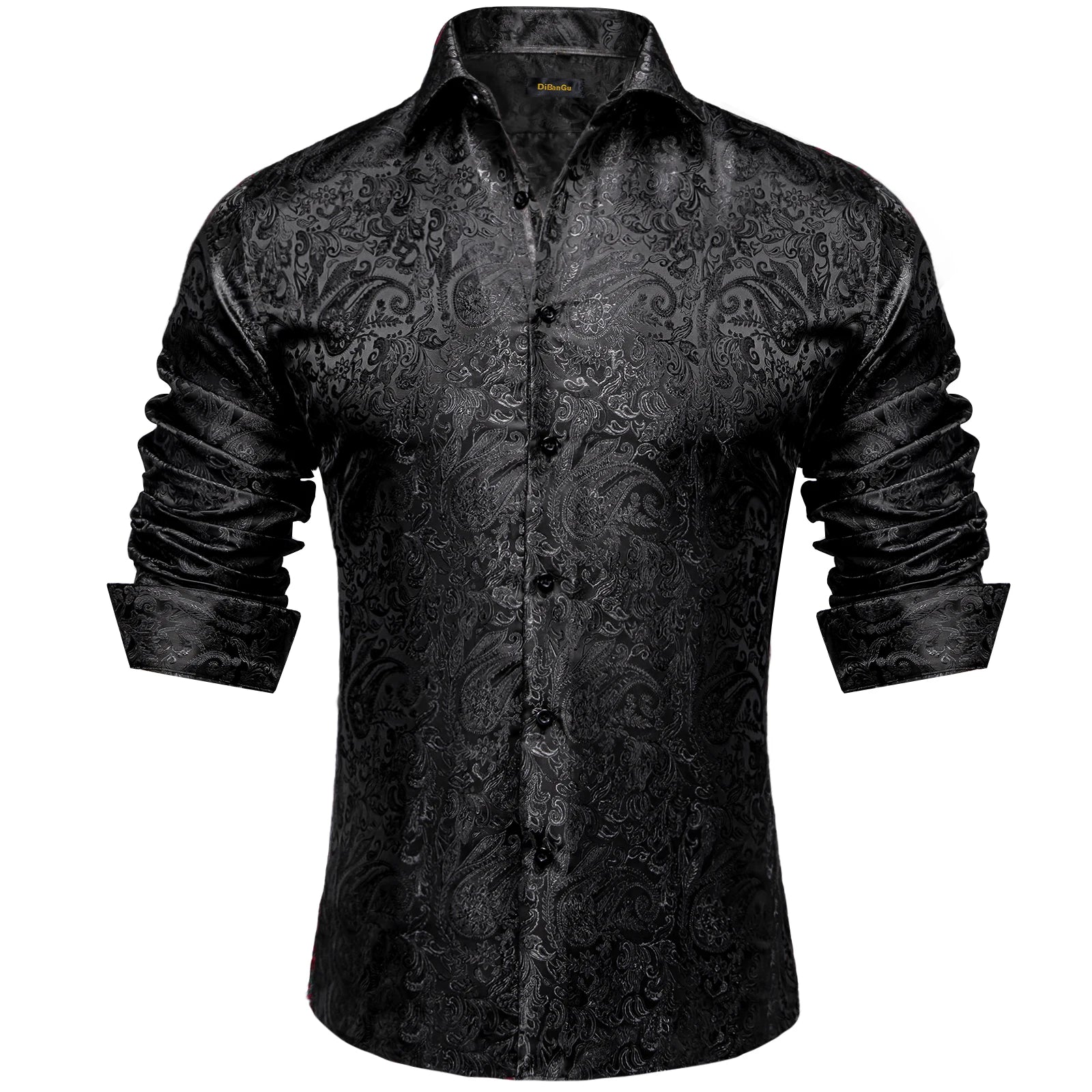 Polyester Dress Shirts for Men Black Solid Paisley Red Silver Long Sleeve Turn Down Collar Prom Social Men's Shirt