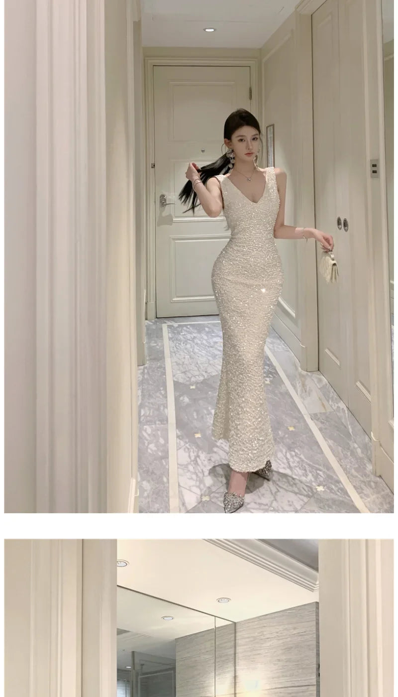Heavy Industry Sequin V-neck Sling Dress Women's Autumn Slim Dress Temperament Fishtail Hip-wrapped Long Dresses