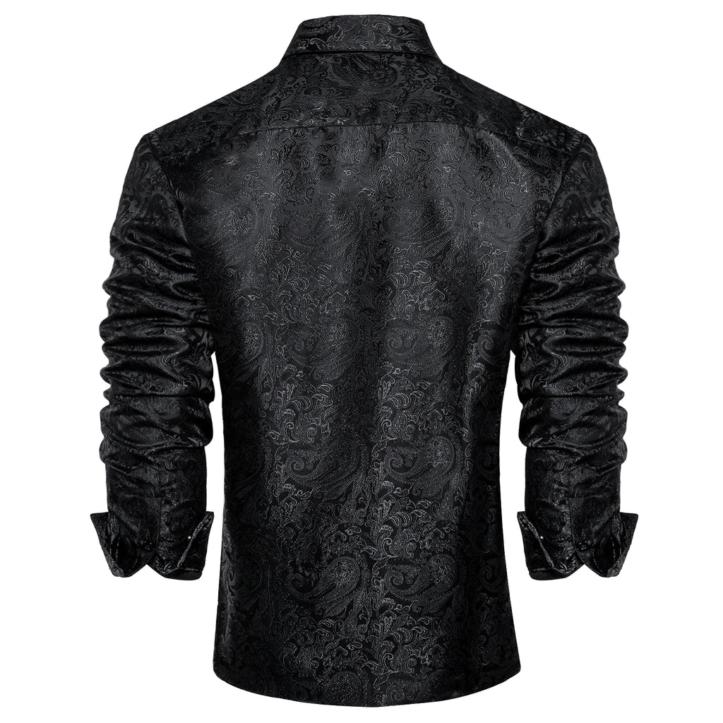 Polyester Dress Shirts for Men Black Solid Paisley Red Silver Long Sleeve Turn Down Collar Prom Social Men's Shirt