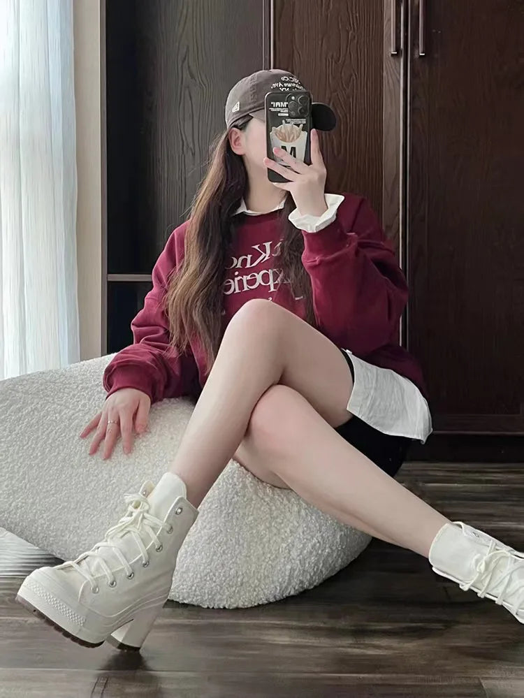High Top Canvas Shoes Women Thick Platform Sneakers Ladies 7CM Chunk Heels 2024 Designer Street Style Lace-up Casual Shoes Mujer