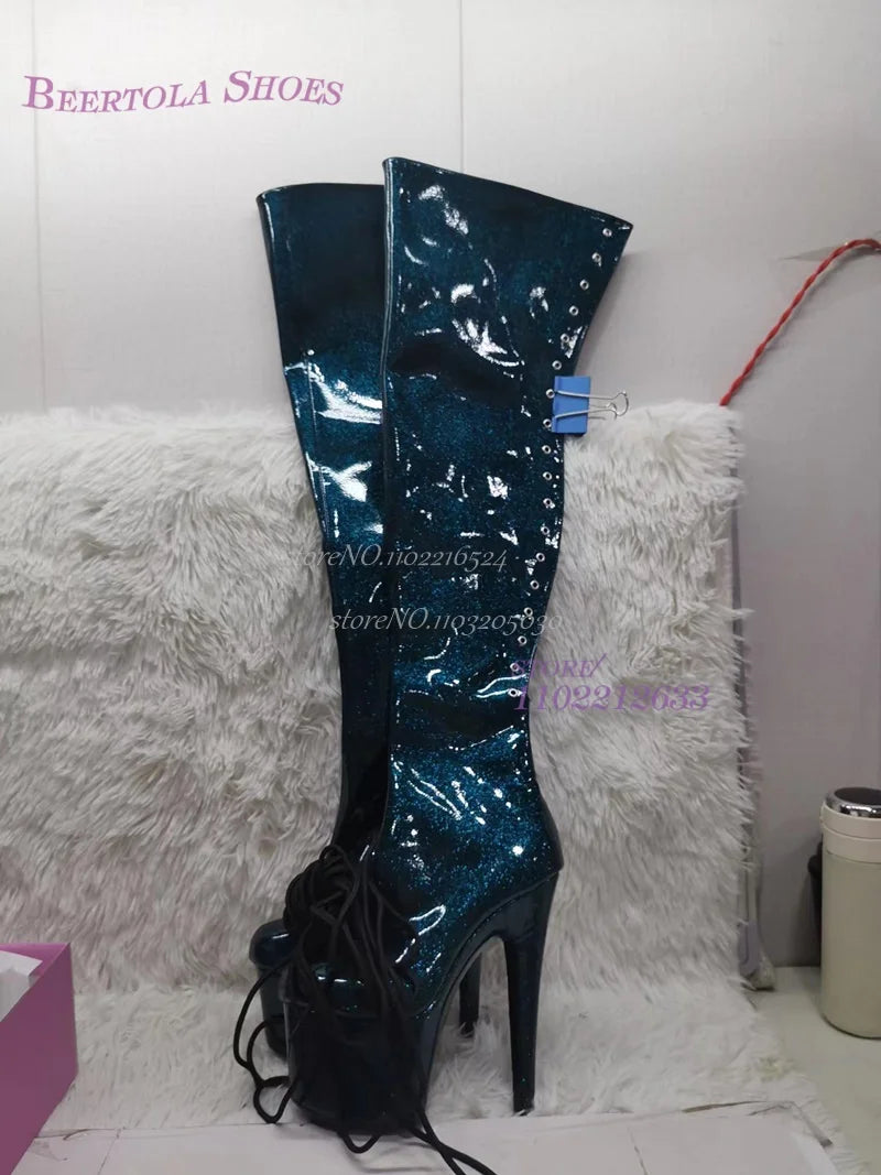 Pure Black Shiny Glossy Sexy Dark Pattern Dance Thigh Boots Platform Woman Over The Knee Long Lace Up Zipper Shoes Bling Shoes