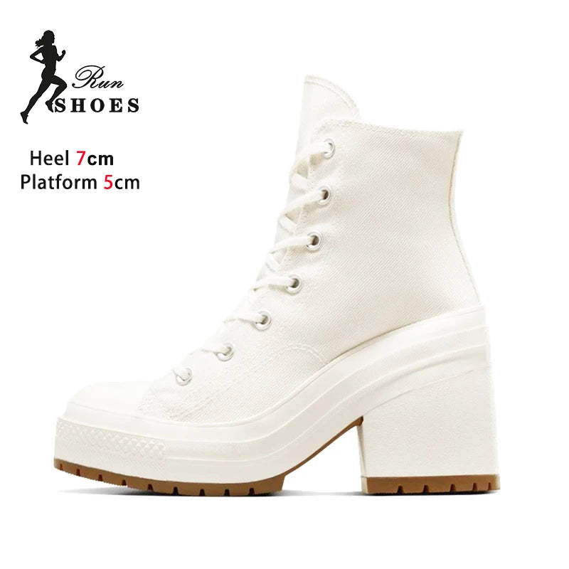 High Top Canvas Shoes Women Thick Platform Sneakers Ladies 7CM Chunk Heels 2024 Designer Street Style Lace-up Casual Shoes Mujer