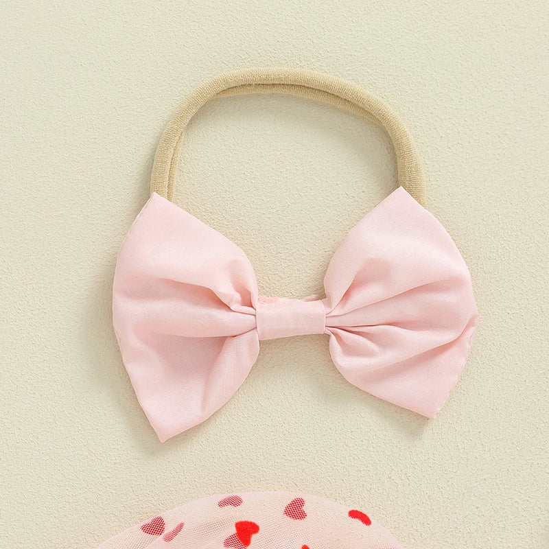 2Pcs Newborn Girl Romper Dress Valentine's Day Outfit Short Puff Sleeve Heart Print A-line Rompers with Bowknot Headband Clothes