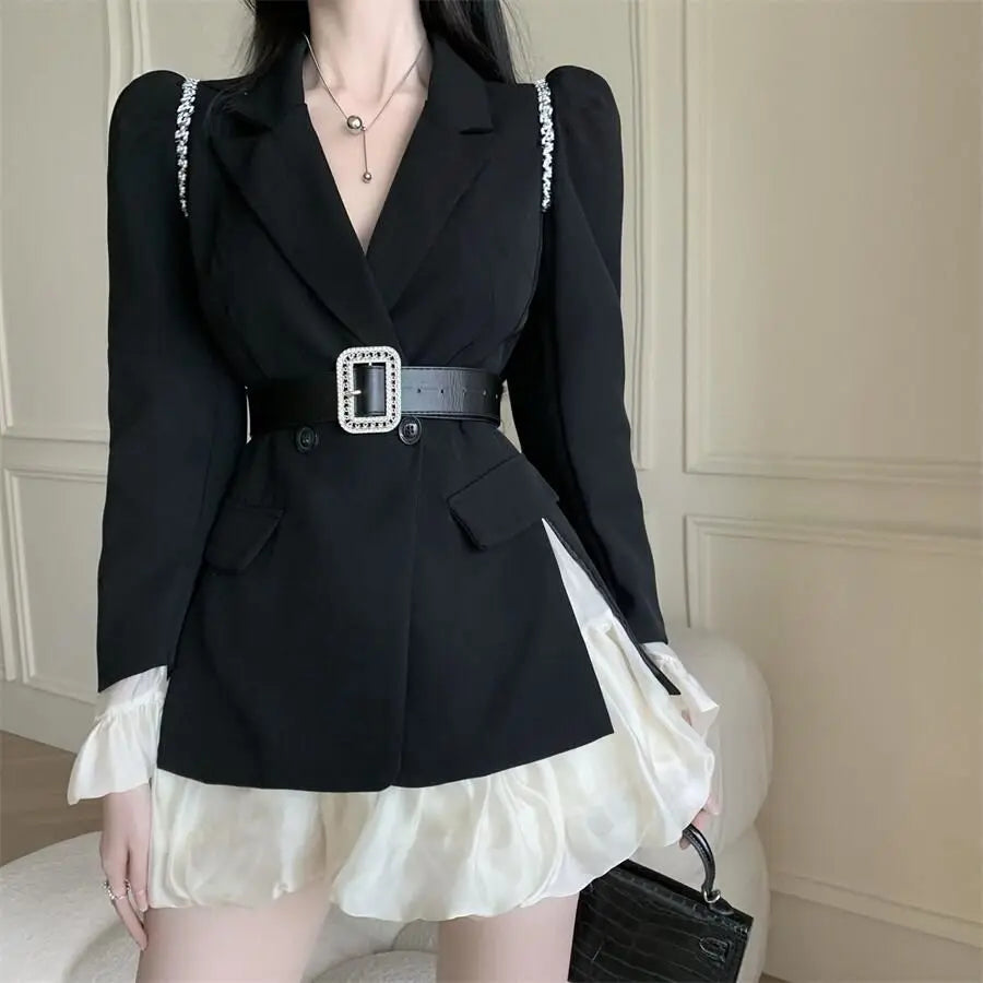 Neploe Temperament Lace Up Waist Slim Dress Sets High Waist Ruffle Edge Patched Sleeves Ropa Mujer Sexy Feminino Chic Women Sets