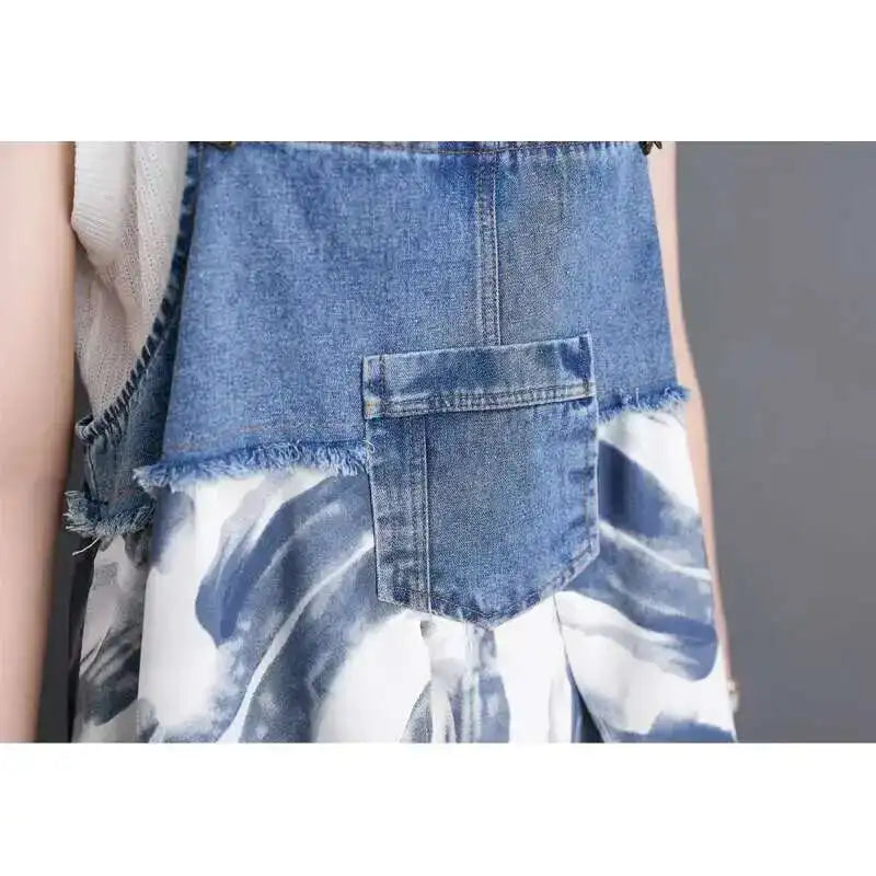 [EWQ] Sweet Women's Denim Dress Patchwork Contrasting Print Design Big Zise Casual Clothing Beautiful Sing Dresses 16O1075
