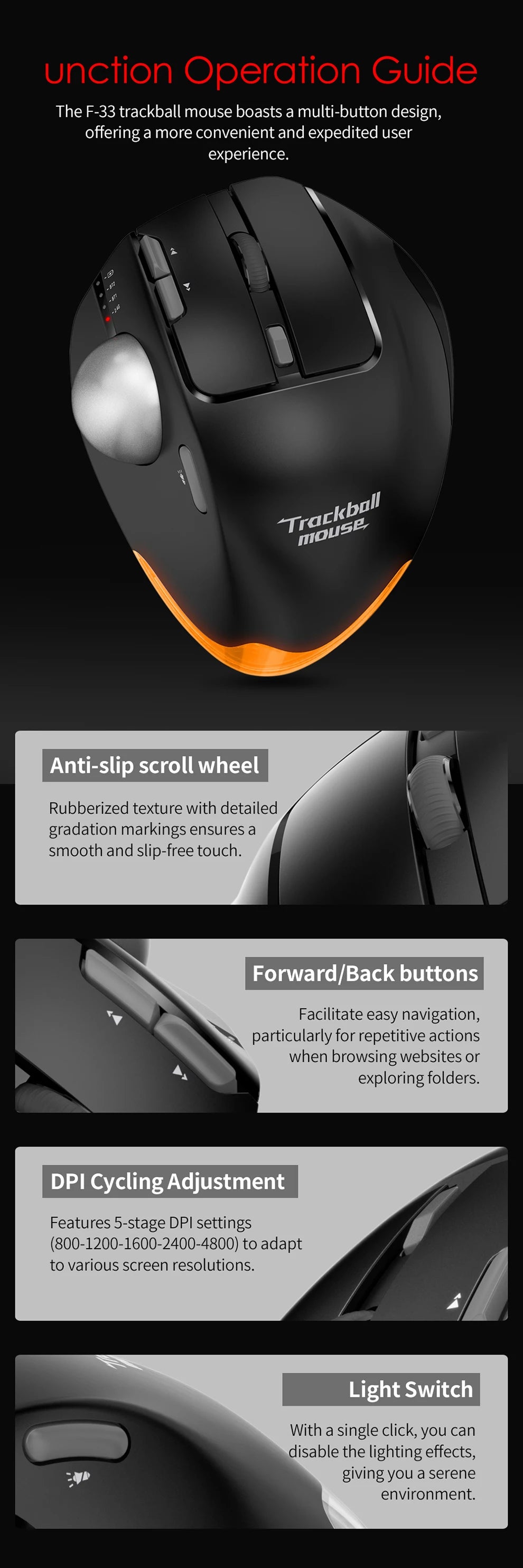 Wireless Bluetooth Trackball Mouse 2.4G RGB Ergonomic Rechargeable Rollerball Mice 3 Device Connection Thumb Control for PC iPad