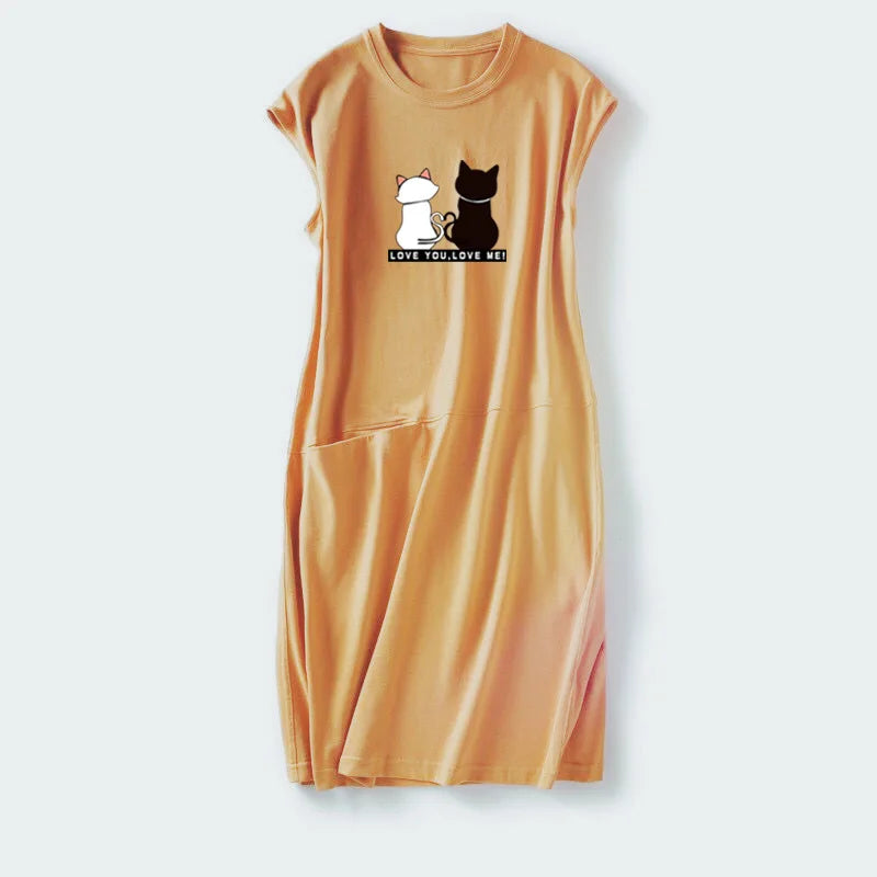 Women Summer Kawaii Cat Print Dress Korean Fashion Aesthetic Clothes Casual Streetwear Black Loose Midi Dresses for Women 2023