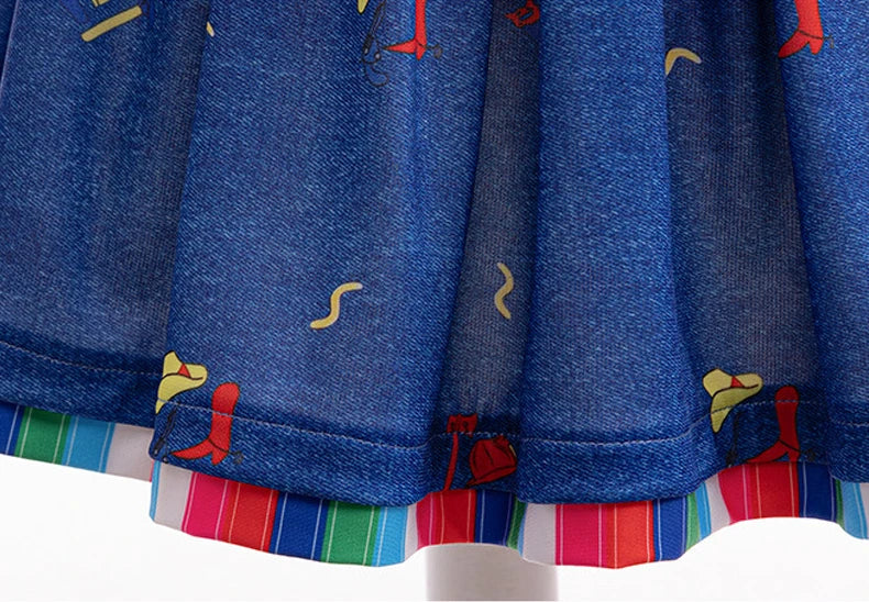 Girls' Long sleeved Rainbow stripes Denim overalls Dress jumpsuit Children's Casual two-piece Set Halloween cosplay Skirt 1-8