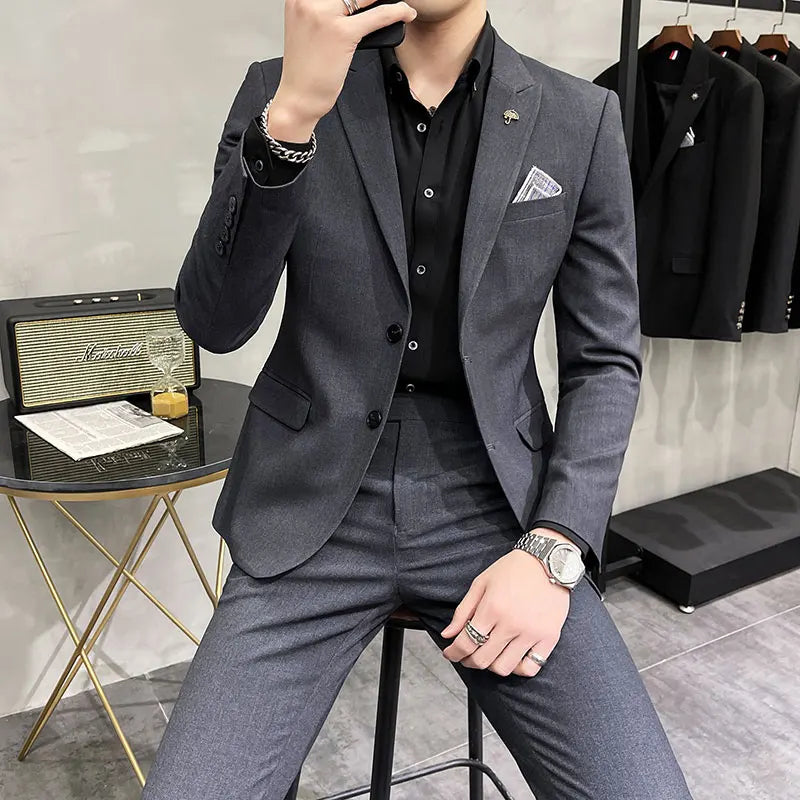 ( Blazer + Pants ) High End Brand Plaid Men's Casual Formal Office Business Suit Groom Wedding Dress Slim Suit Jacket Trousers