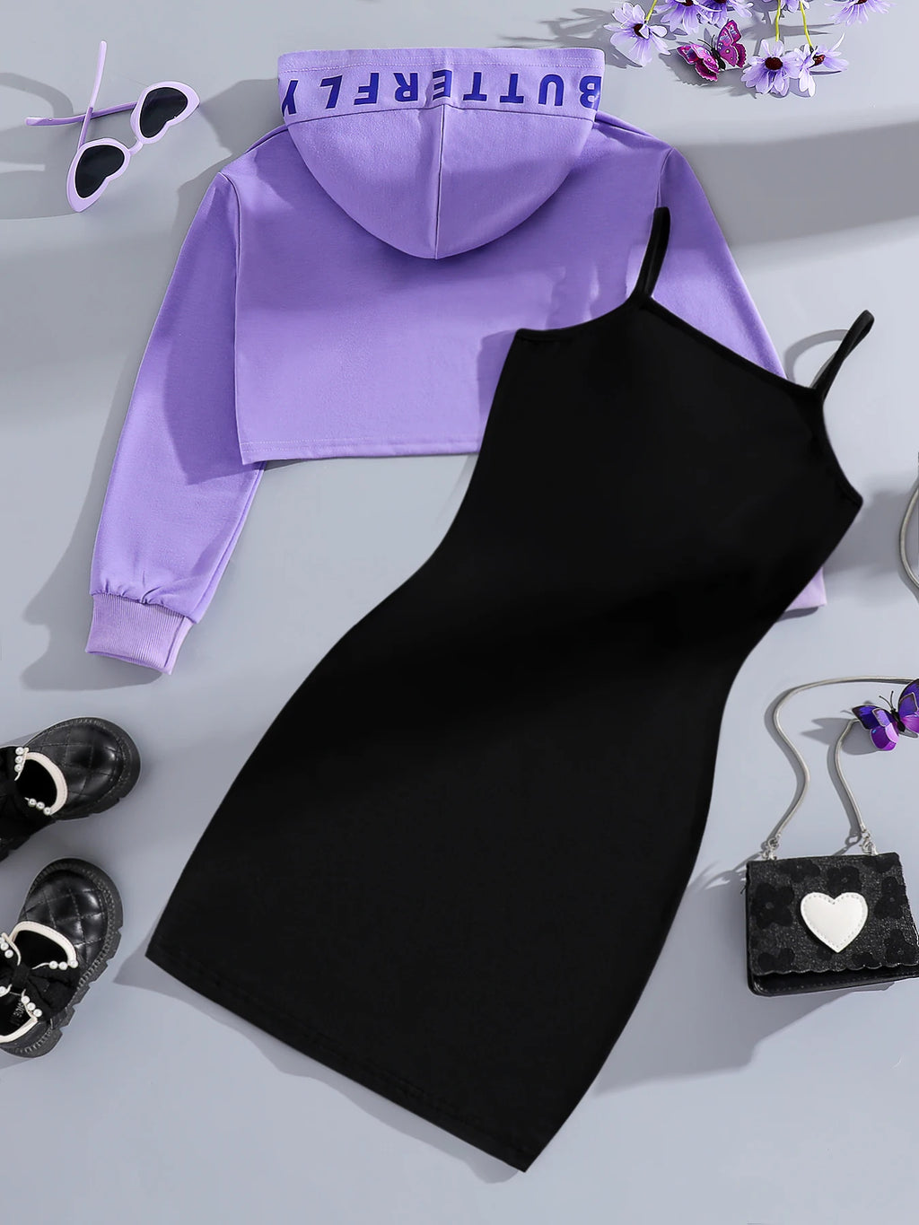Spring and autumn children's wear girls fashion outdoor casual purple hooded sweatshirt + butterfly print black vest dress set