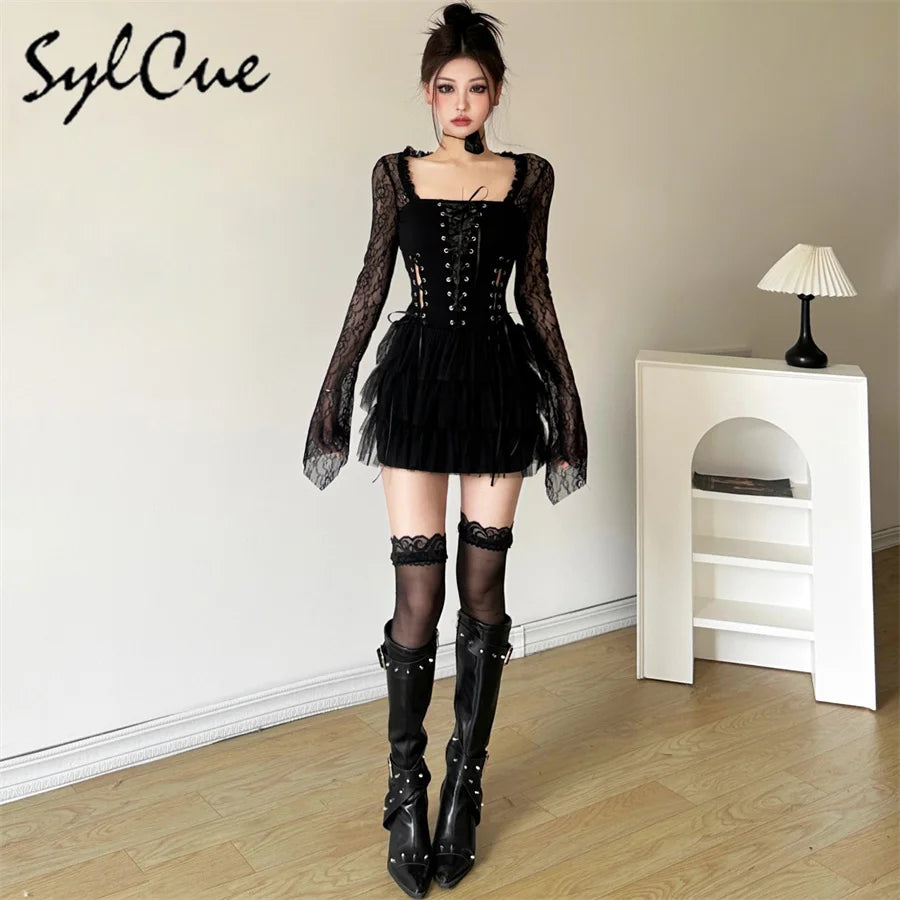 Nibber Black Retro Mysterious Lace Sexy Mature Beautiful Sweet Gentle Personality Women Drawstring Laminated Ruffled Tutu Dress