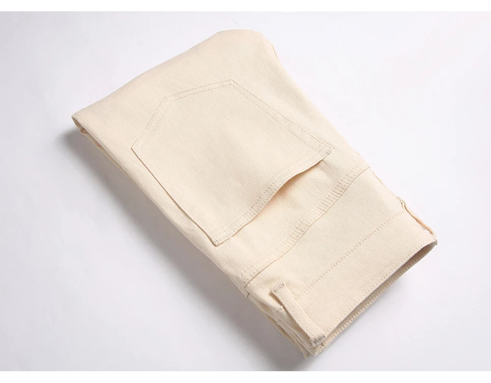 Men's Slim Boot Cut Denim Jeans Streetwear Embroidery Patches Pants Khaki Flared Trousers