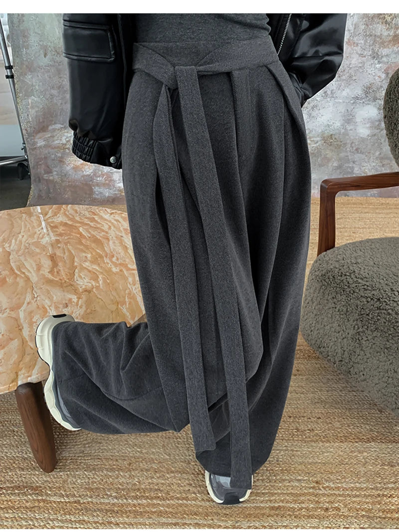 MEXZT Woolen Wide Leg Pants Women Fashion Lace Up Black Baggy Suit Pants Winter Streetwear Korean Casual Straight Trousers New