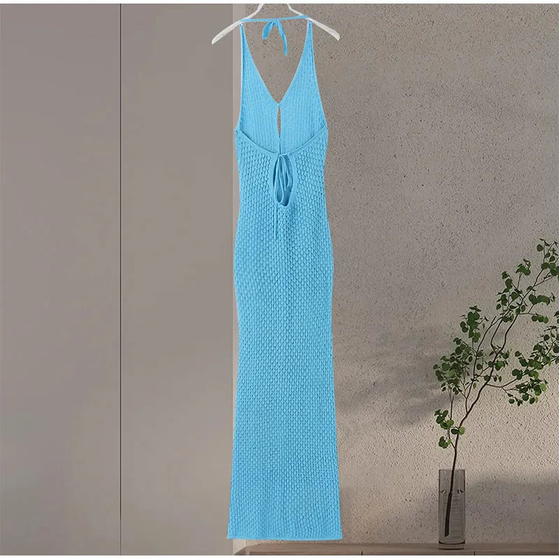 Sexy Hollow Out Knitted Dress Women Metal Ring Long Flare Sleeve Split Solid Maxi Dress Female 2025 V-neck Slim Lady Party Robes
