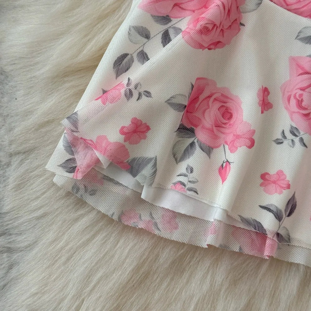 SsTss Summer Sweet Pink Floral Print Mesh Bodycon Dress for Women Elegant Square Neck Sleeveless Slim Ruched Ruffles Party Dress