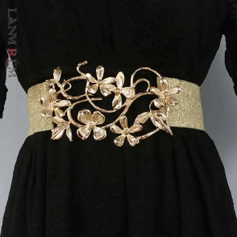 LANMREM Women Temperament Golden Flower Buckle Gold Silver Thread Elastic Waistband Fashionable Matching Skirt Dress 2DB1921
