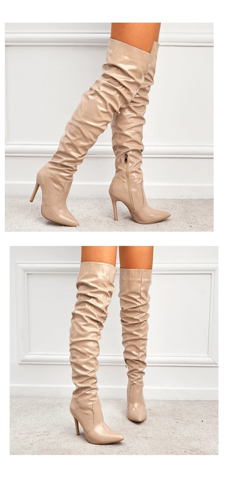 Eilyken High Quality Pleated Patent Leather Motorcycle Over The Knee Boots Women Fashion Pointed Toe Zip Thigh High Lady Shoes